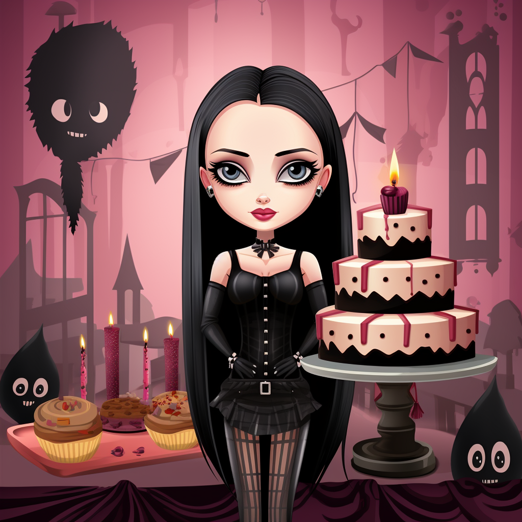 Vector art of 7-year-old birthday invitation with Addams Family as Barbie