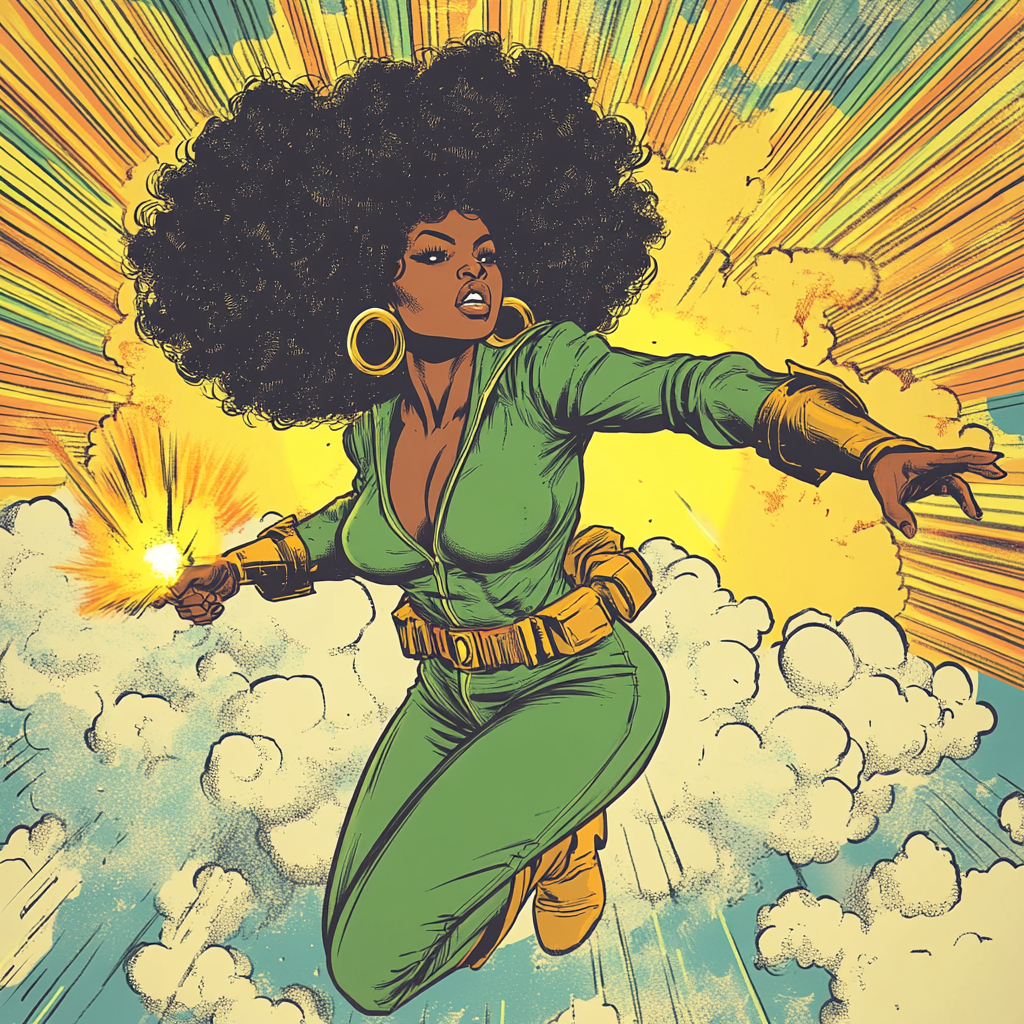 70s African American Superhero Woman in Green Jumpsuit