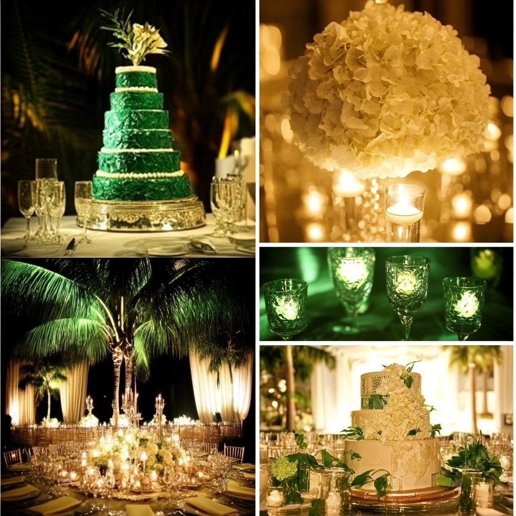 70s Miami Palm Royale party mood board: Classy, elegant, green & white, old world feel.