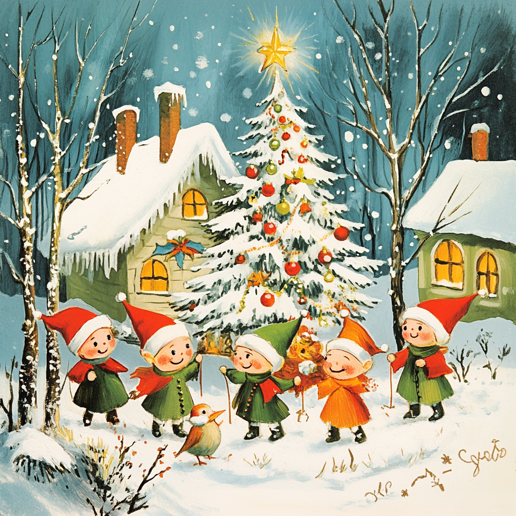 70s Retro Style Christmas Card Design with Elves