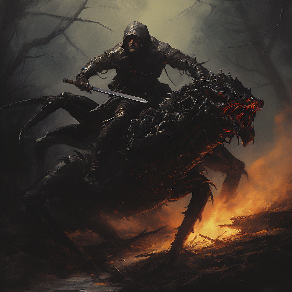 Beast master riding a scorpion in 70s dark fantasy