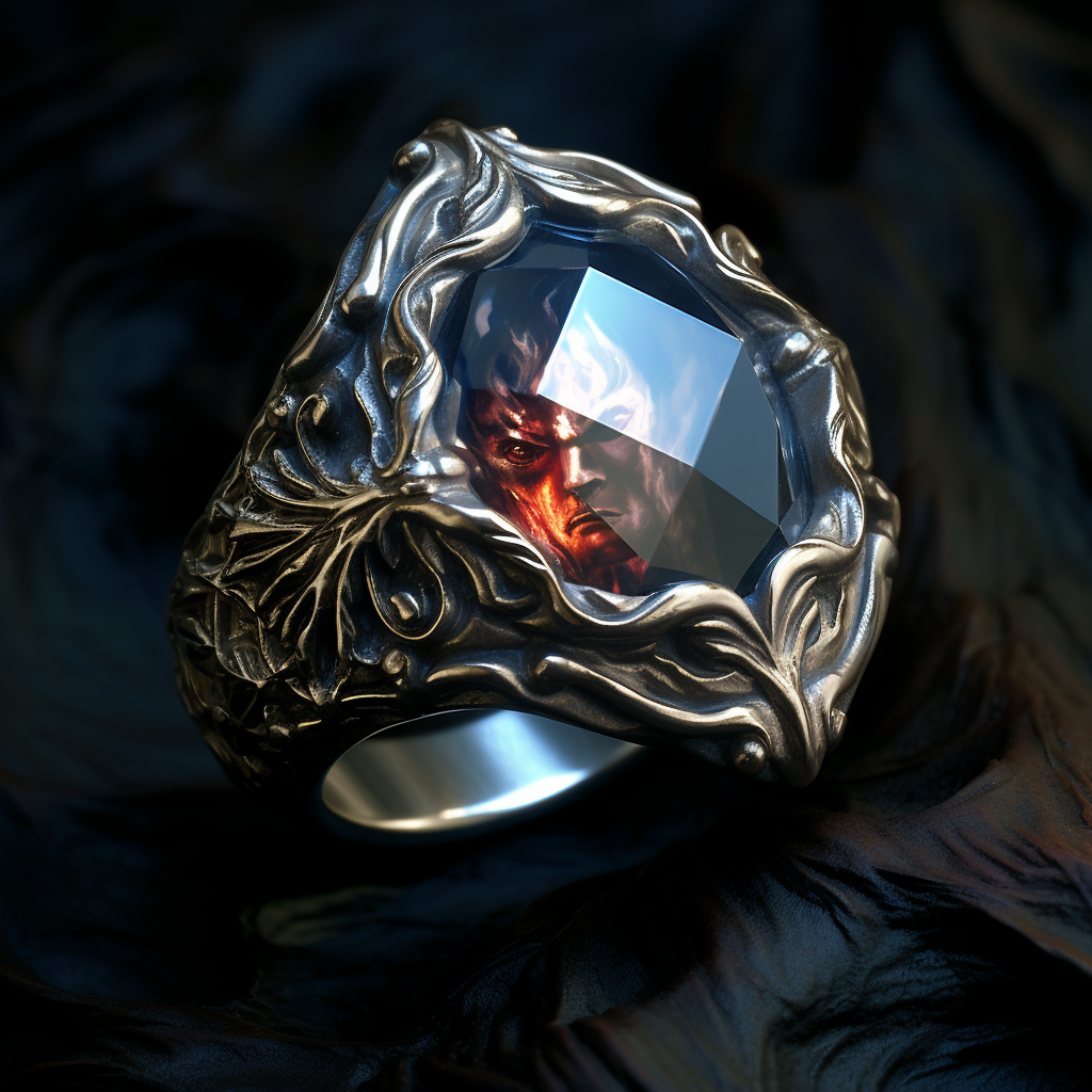 Dark fantasy powerful ring with glowing white crystal