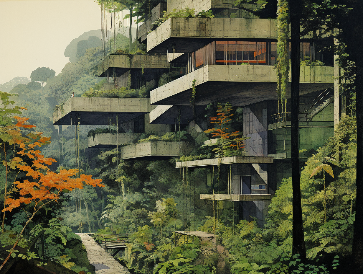 Grainy image of large brutalist building in rainforest