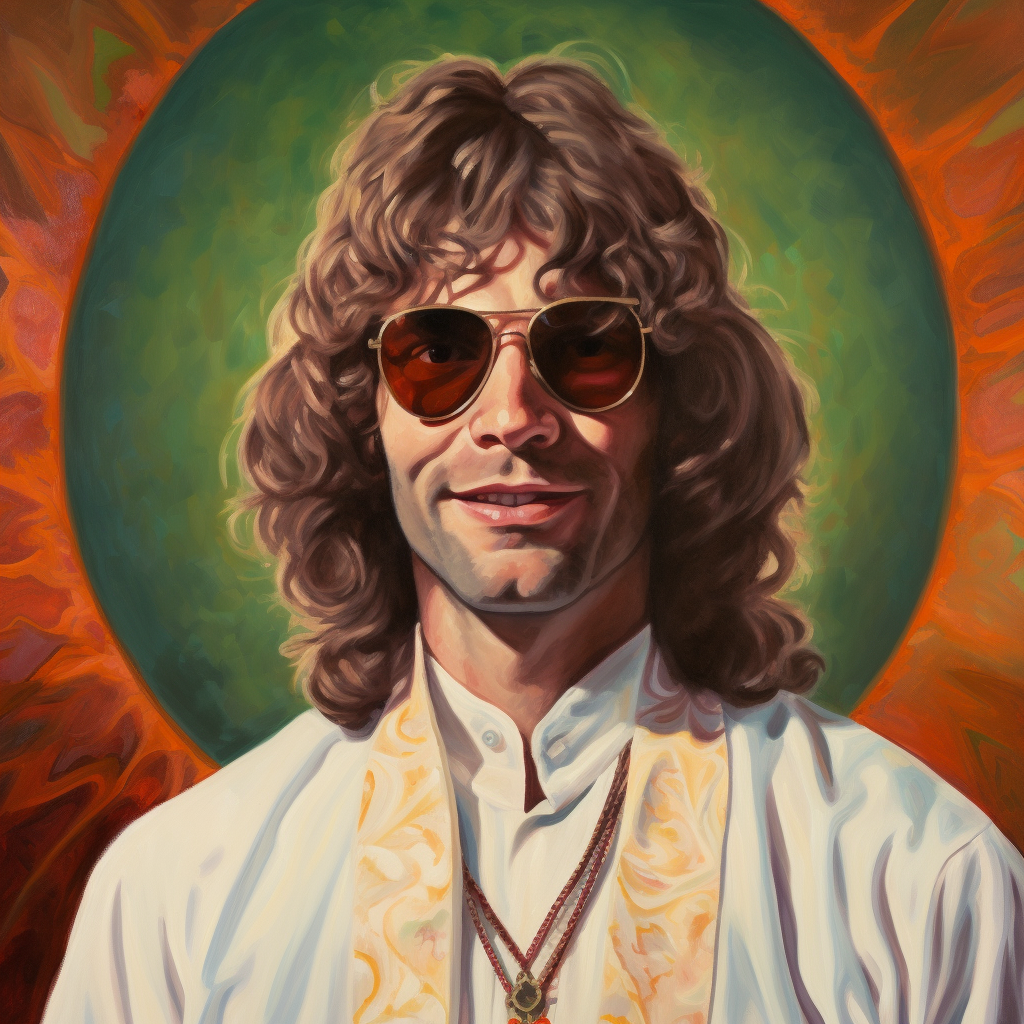 Hippie man with evil smile in white robes and sunglasses