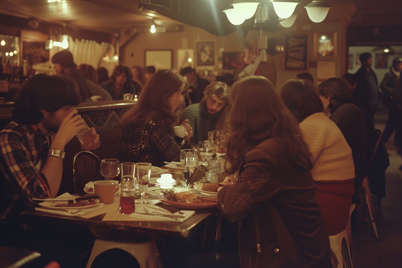 70s musicians enjoying meal together