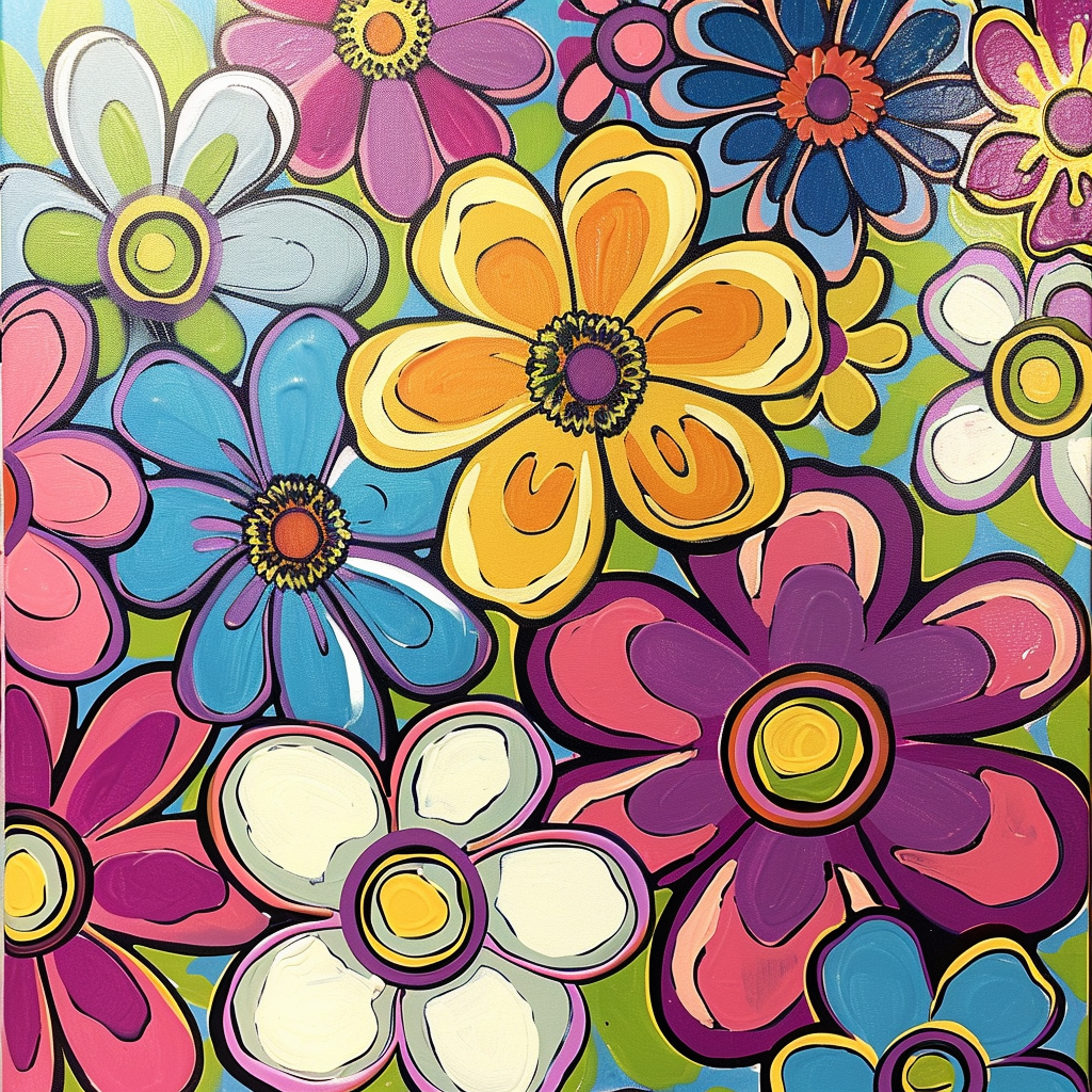 Colorful 70s Retro Flowers Print