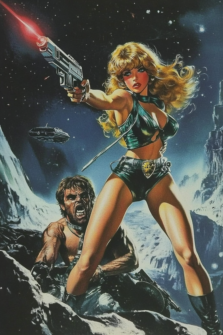 70s sci-fi book cover; Barbarella-esque heroine, laser gun.