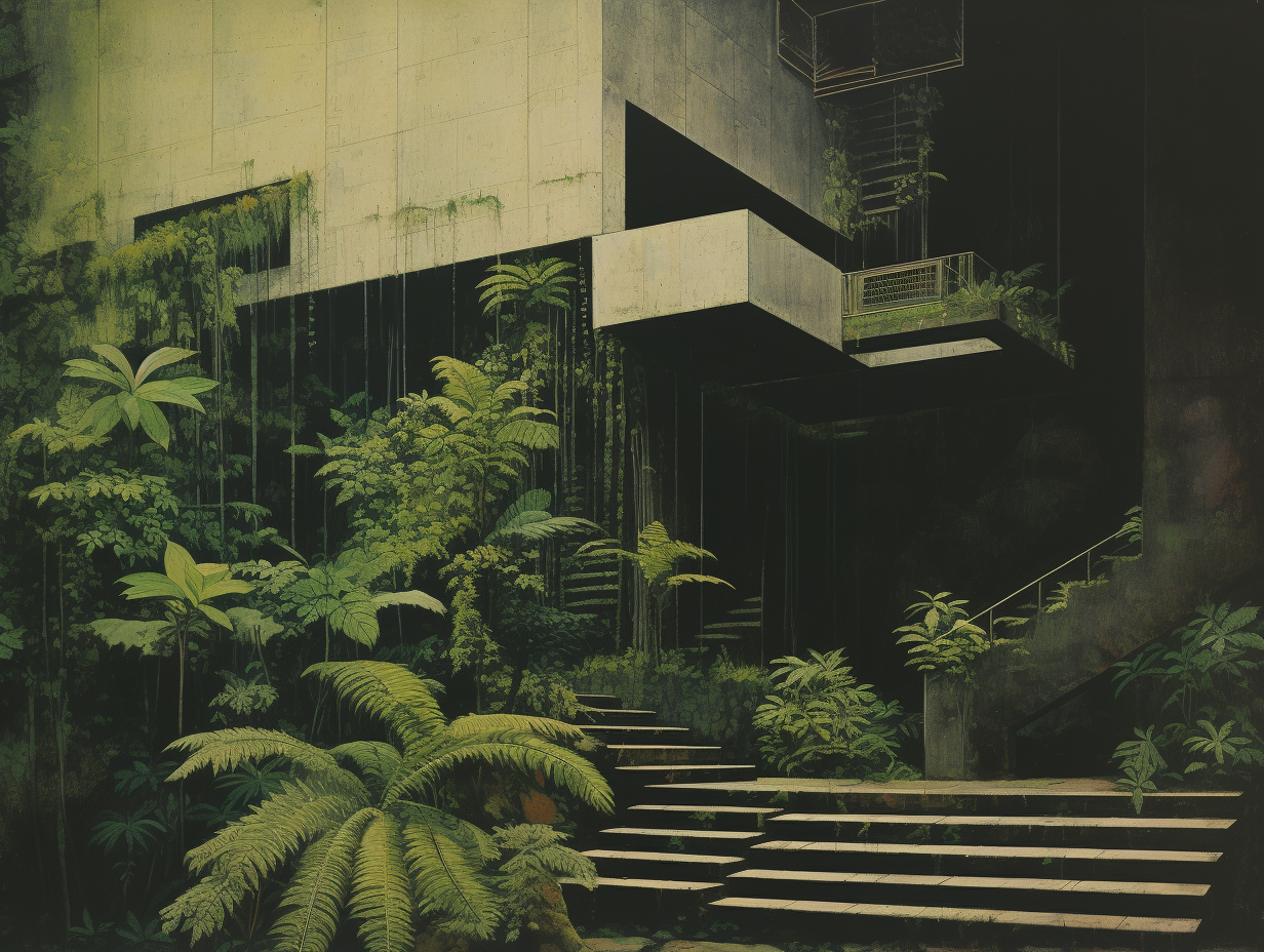 Concrete steps in rainforest with plants