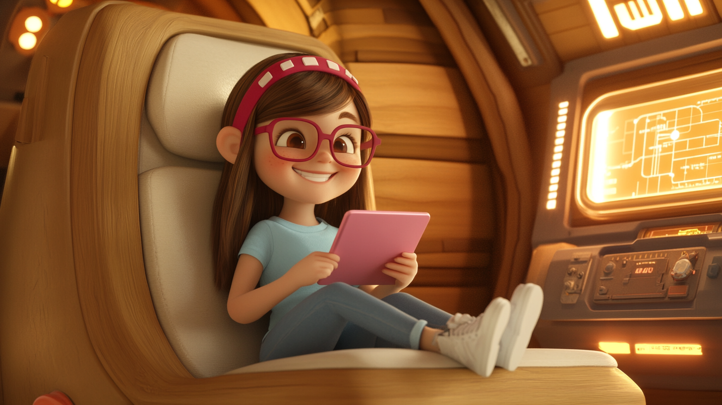 8-year-old girl in wooden treehouse spaceship, smiling with tablet.