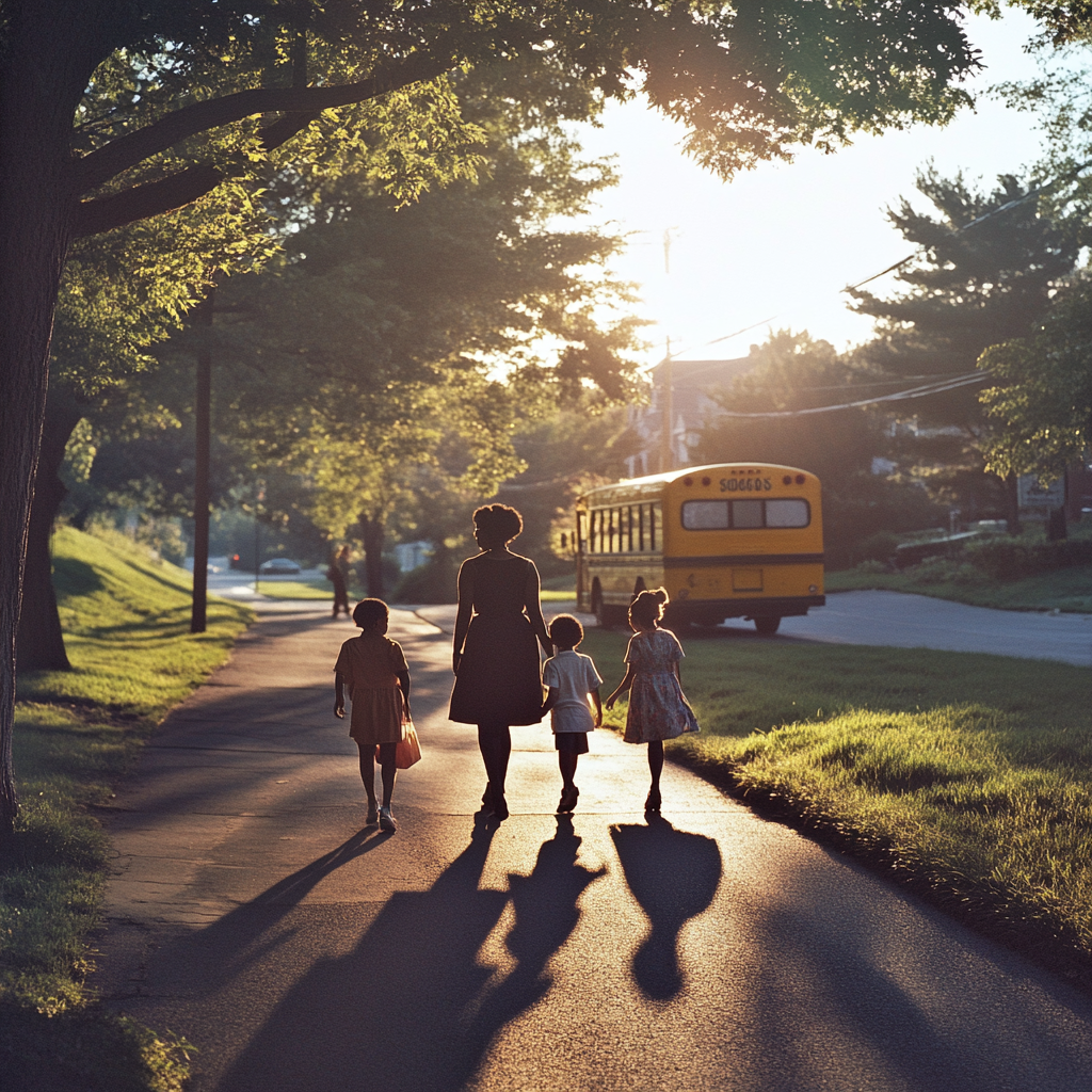 80's Black Mom Walking Kids to School Bus in Connecticut Sun