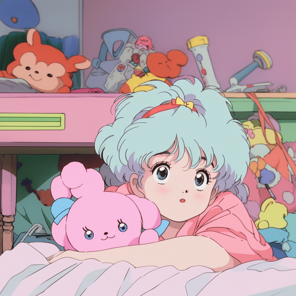 80s anime Grogu and Mando with pastel colors