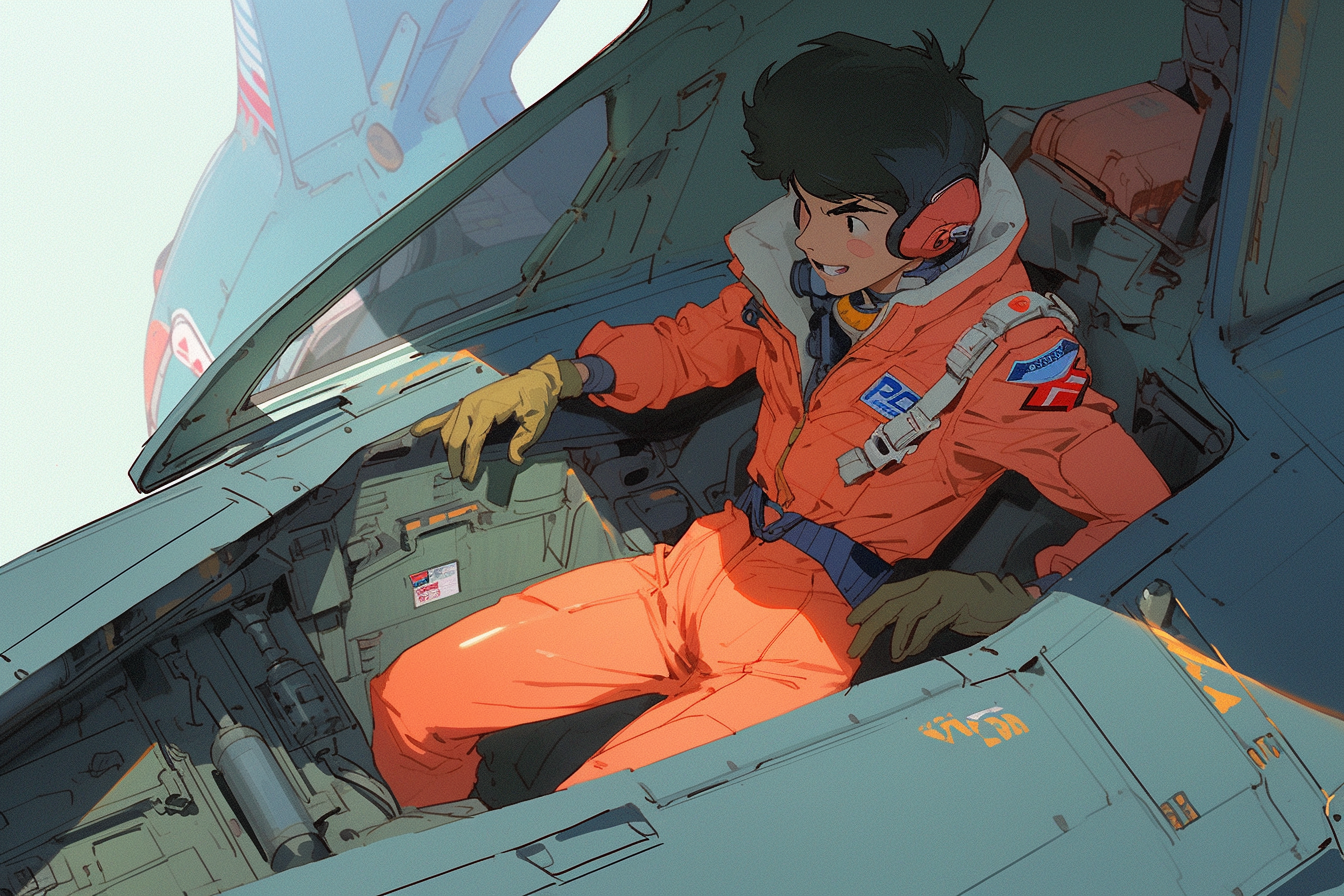 Male pilot fixing a Gundam in 80s anime style