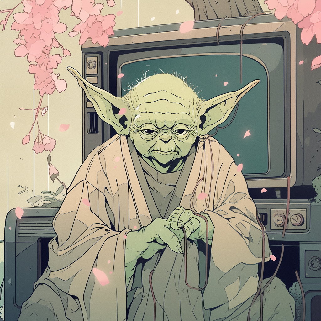 80s Anime Yoda in Muted Pastel Colors on CRT Television