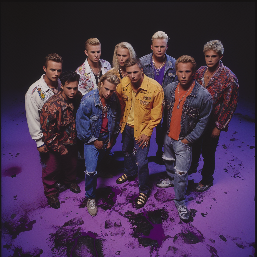 80s boy band group photo with purple puddle