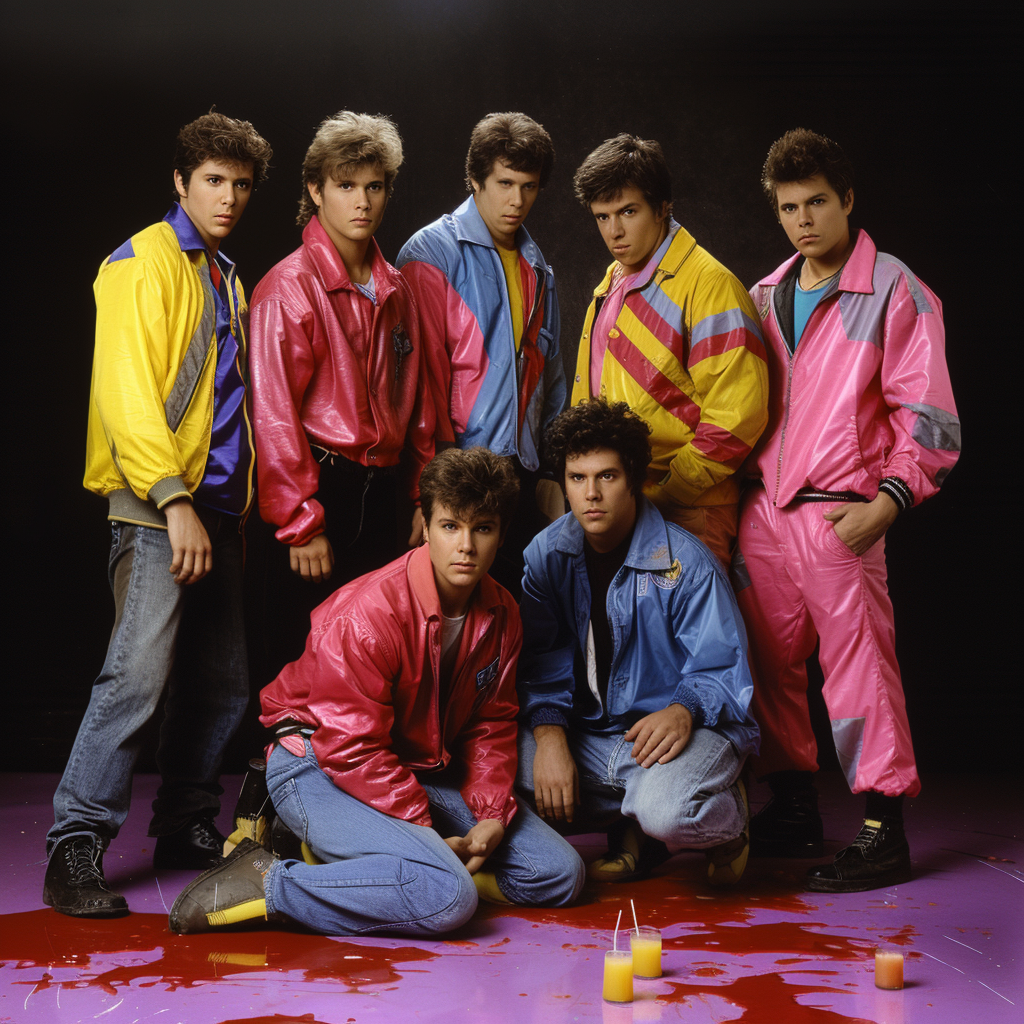 80s boy band poster with group photo and juice spill