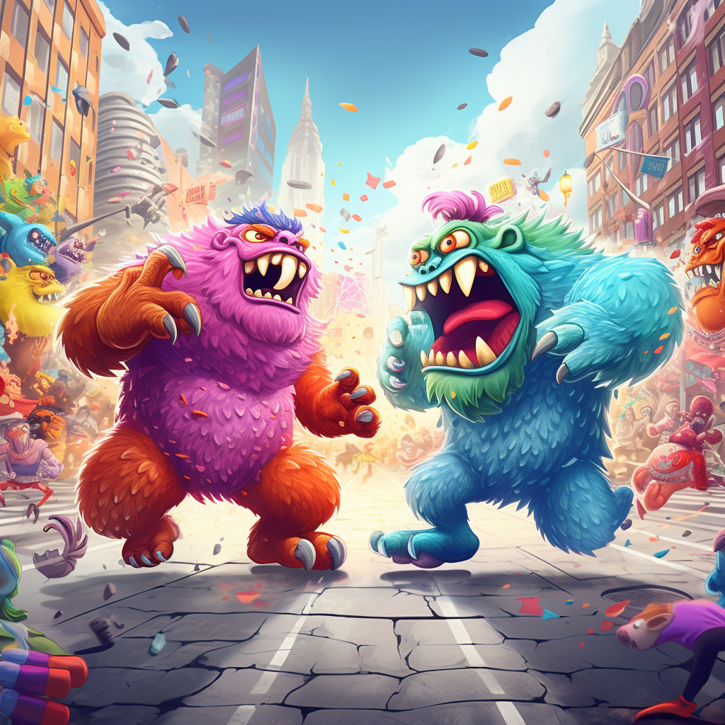 Friendly monsters wrestling in colorful 80s cartoon