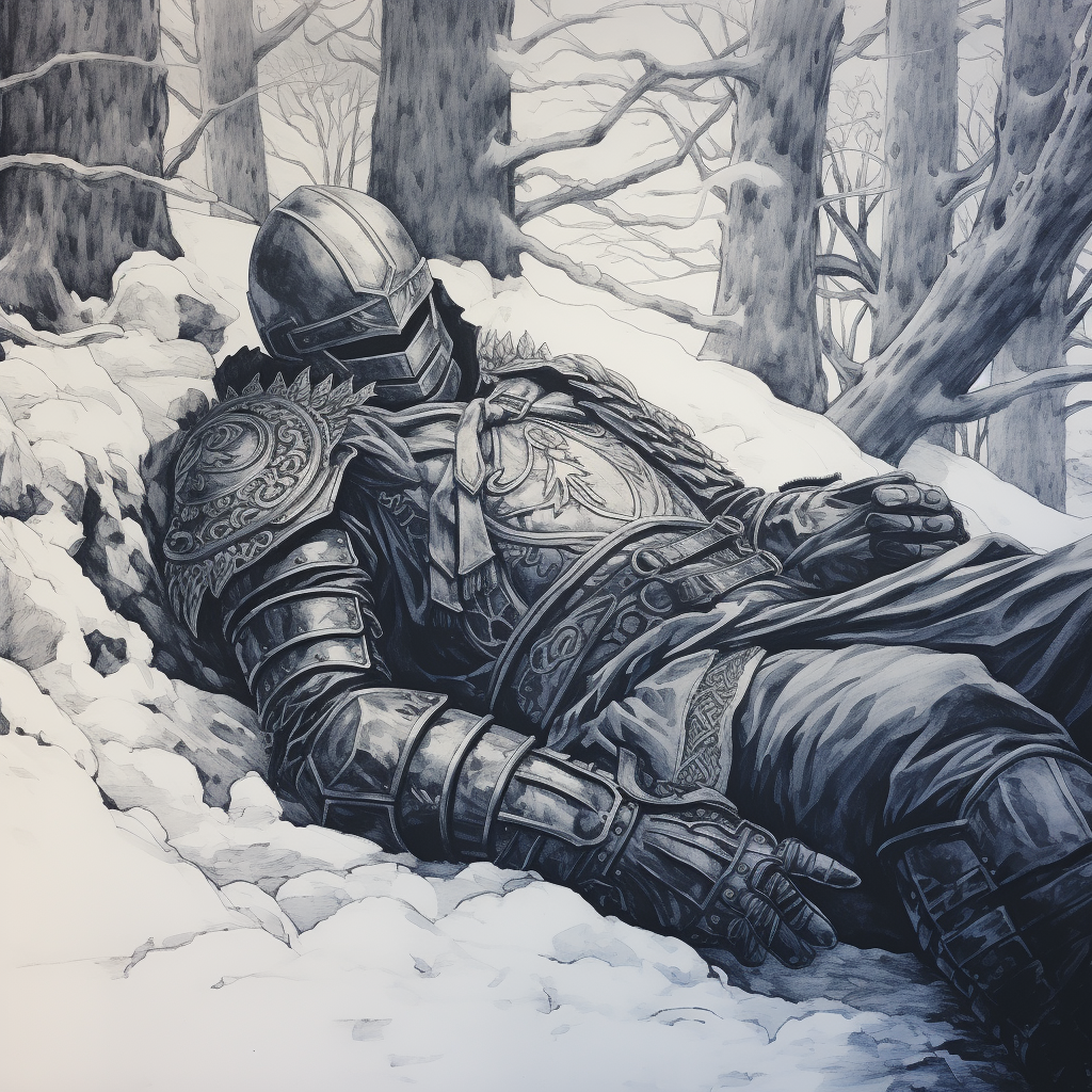 Peaceful knight sleeping in snow