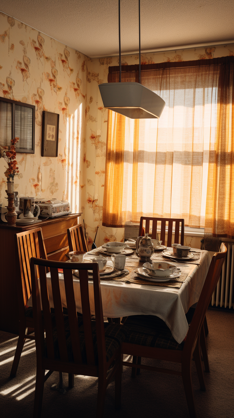 Retro 80s dining room with vibrant patterns and neon lights