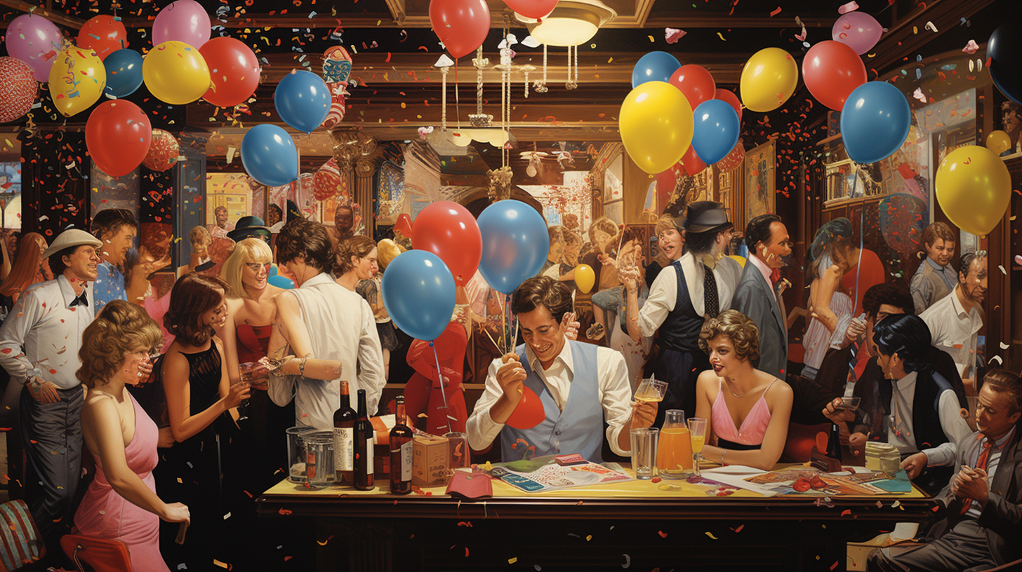 Group at '80s Party with Materialistic Displays