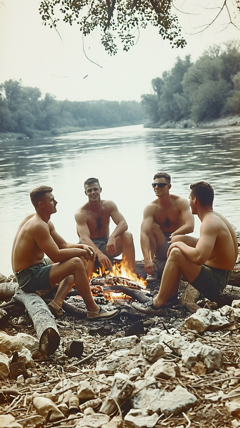 Attractive men at 80s river bonfire