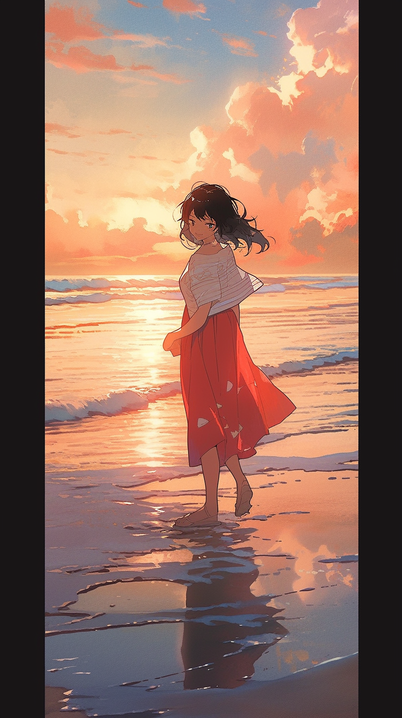 80s Retro Anime Fantasy Girl Walking on Beach at Sunset