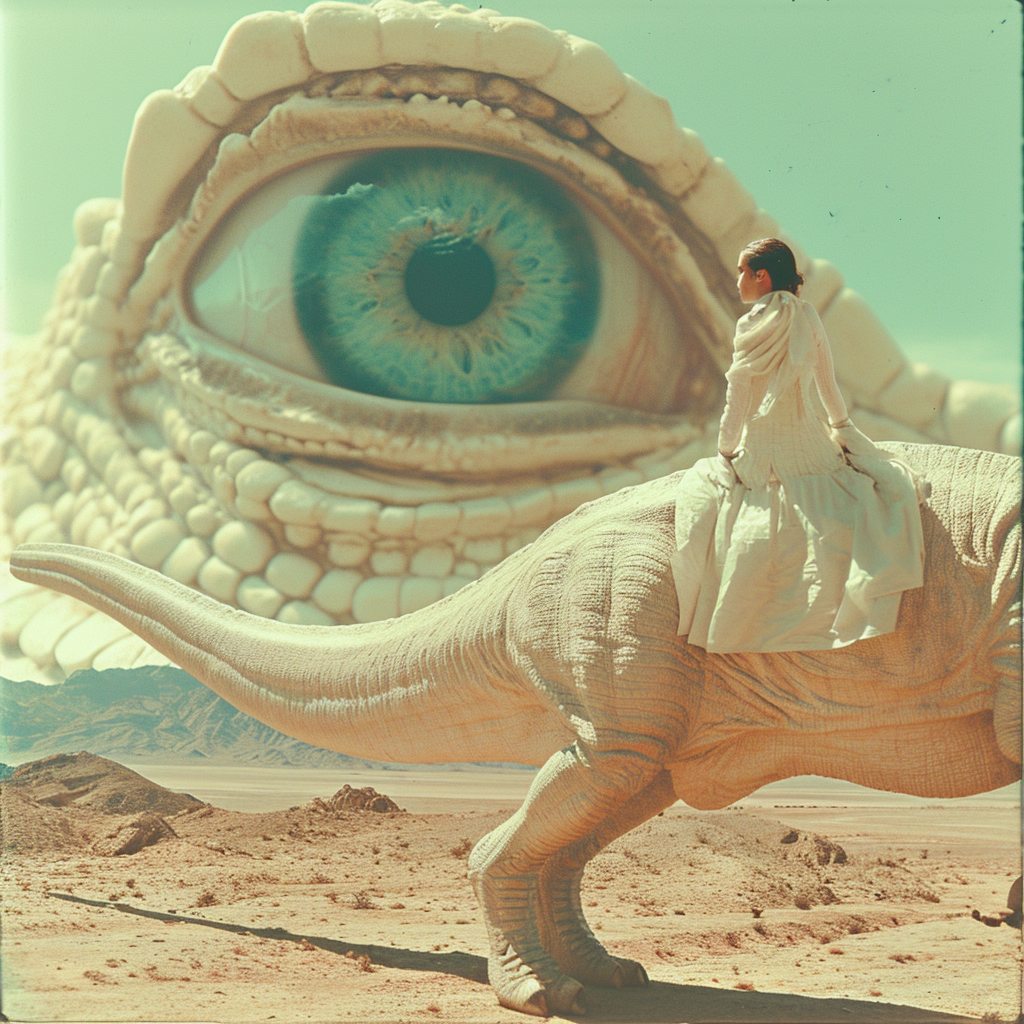 Retrofuturistic dinosaur desert eye in pastel tones