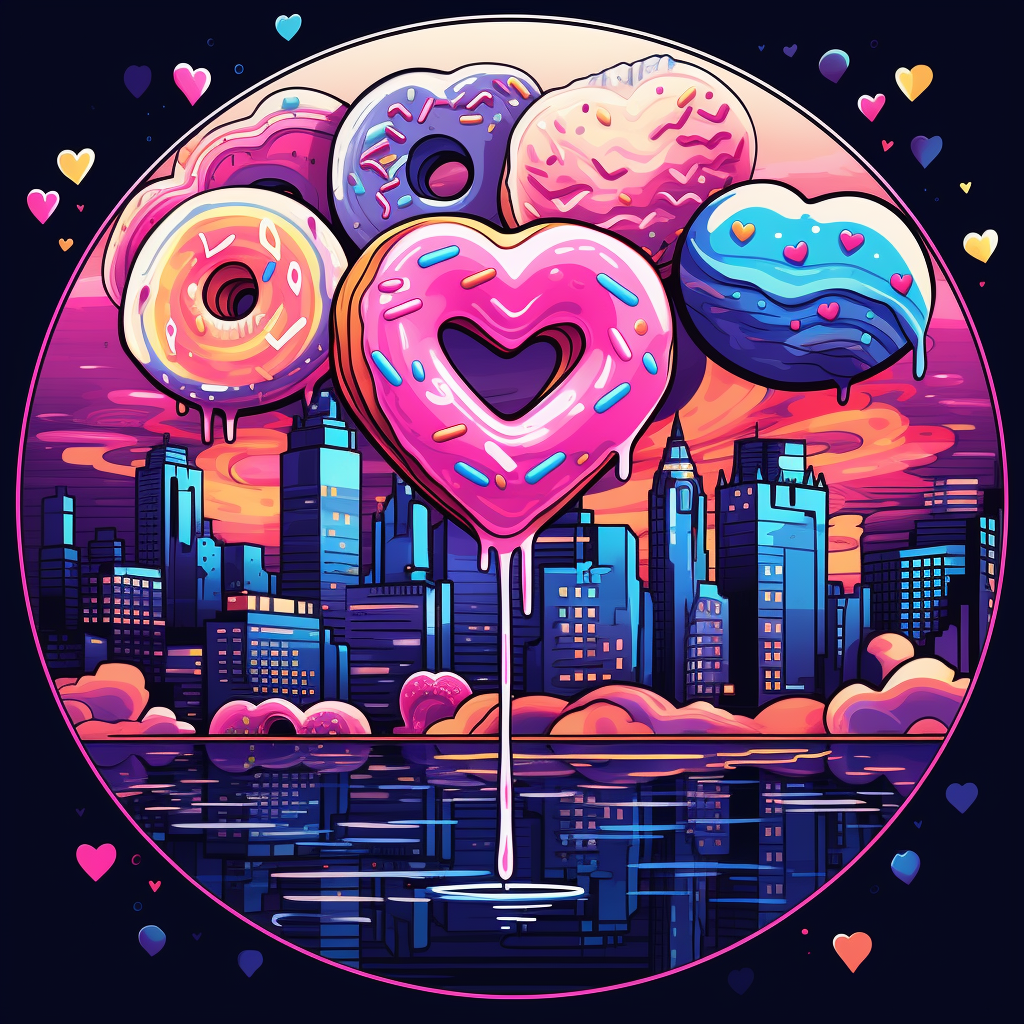 Vibrant 80s Romantic Scene with Neon Donuts and Hearts