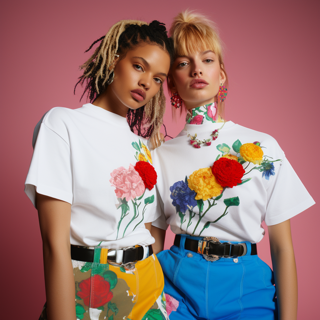 White T-shirt with 80s Sportswear Style and Colorful Flowers