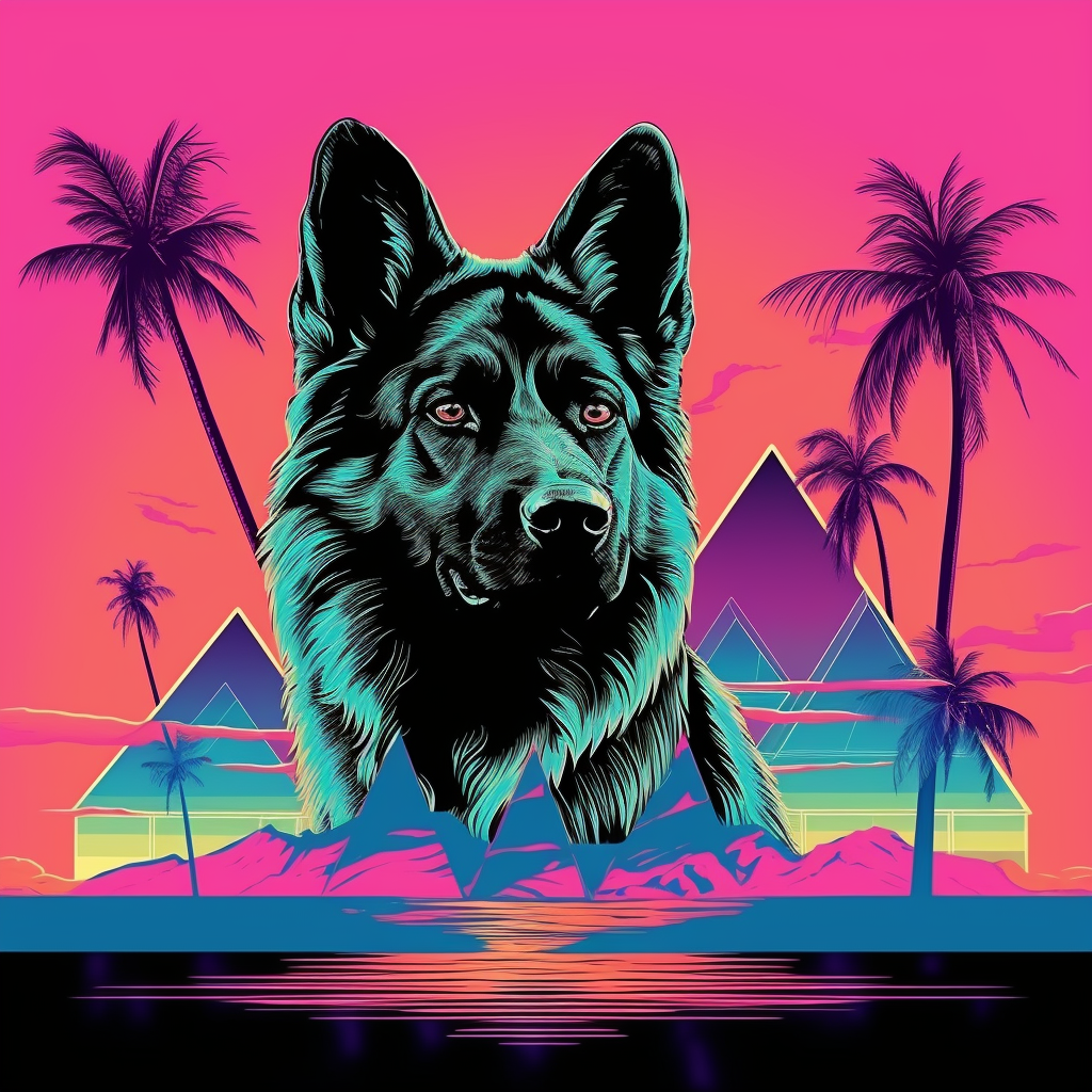 Stylish German Shepherd Dog in 80s Vaporwave Style