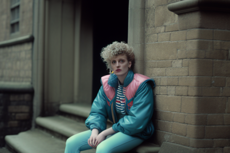 Woman in 80s shell suit on terrace