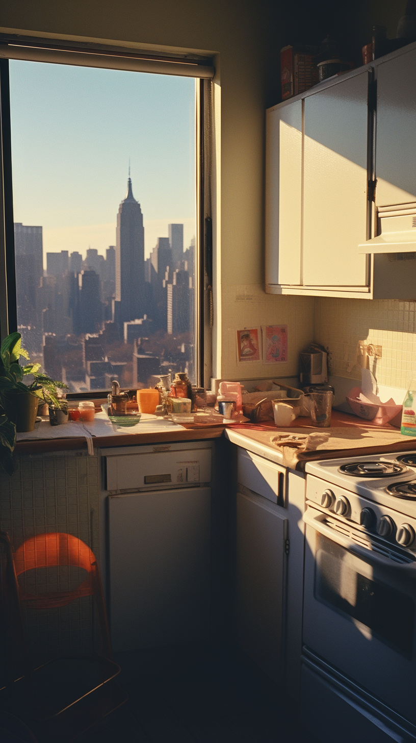 Retro 80s NYC Apartment Kitchen with City View