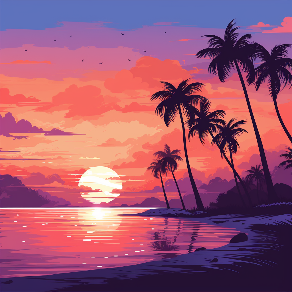 Colorful 8bit beach and palm trees in the sunset