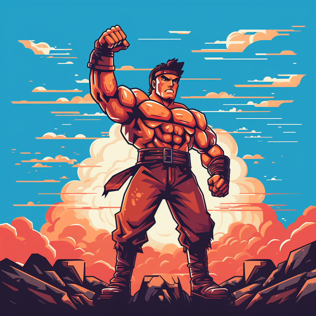 8bit fighter with giant fist in the air