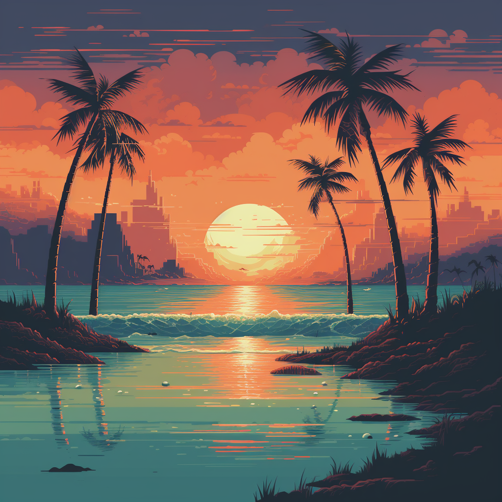 Colorful scene of 8-bit beach and palm trees