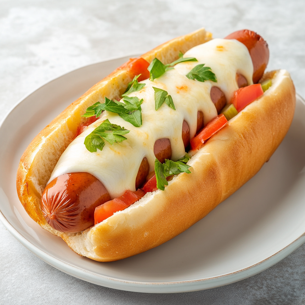 8k image of mozzarella hotdog with garnish in plate.