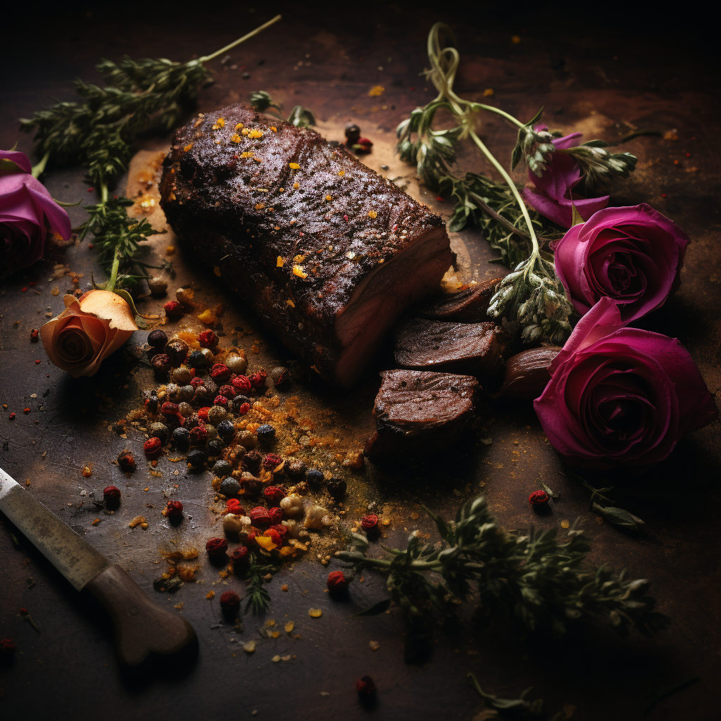 Roasted beef tenderloin with mustard flower (max 6 words).