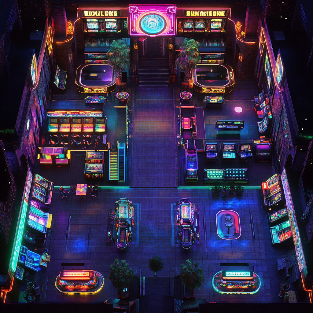 90s Retro Arcade Nightclub Floorplan with Neon Lighting