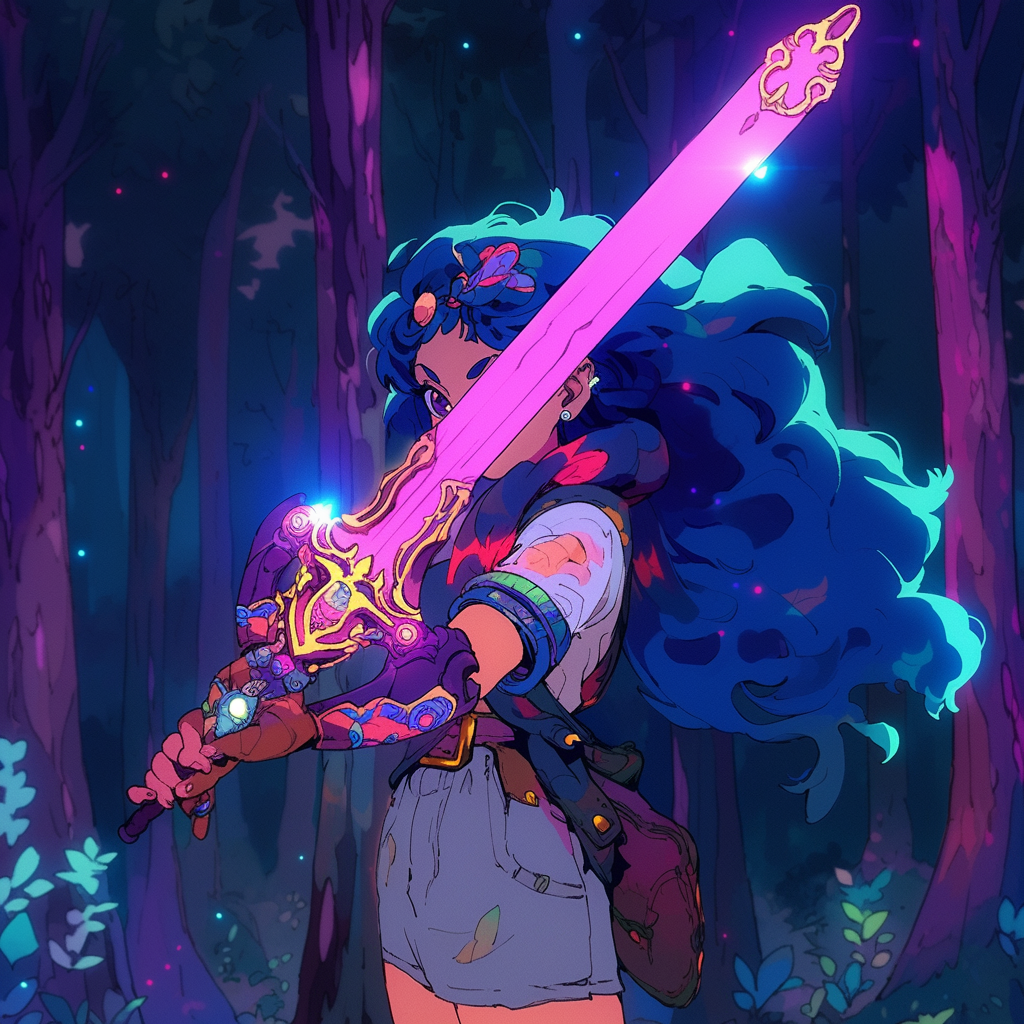 Anime girl with a detailed sword in a forest