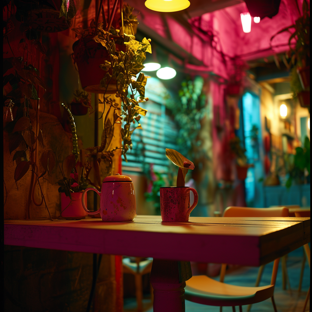 90s bar interior with mugs on table