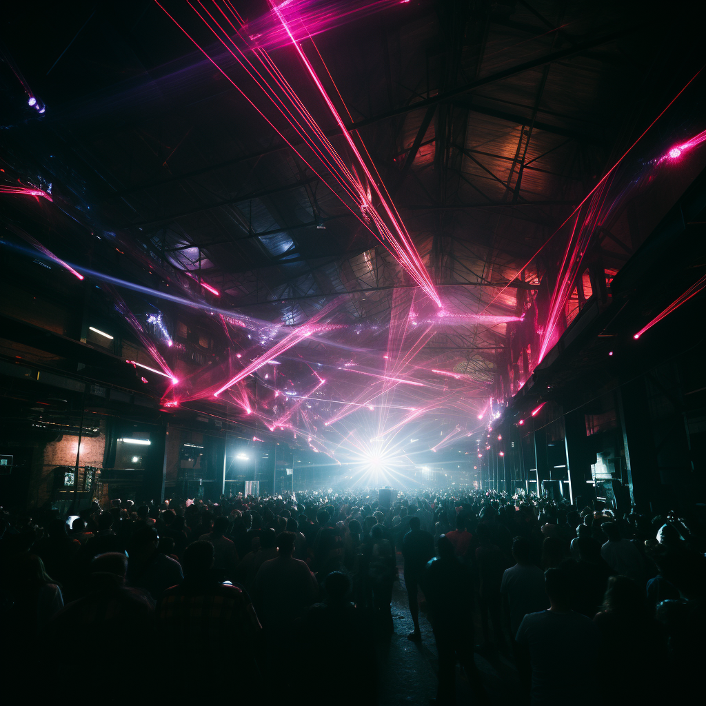 Vibrant 90s Rave Warehouse with Laser Lights