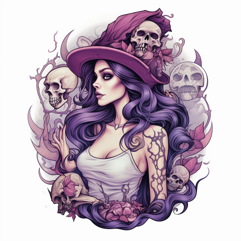 Wizard holding human skull in purple dress