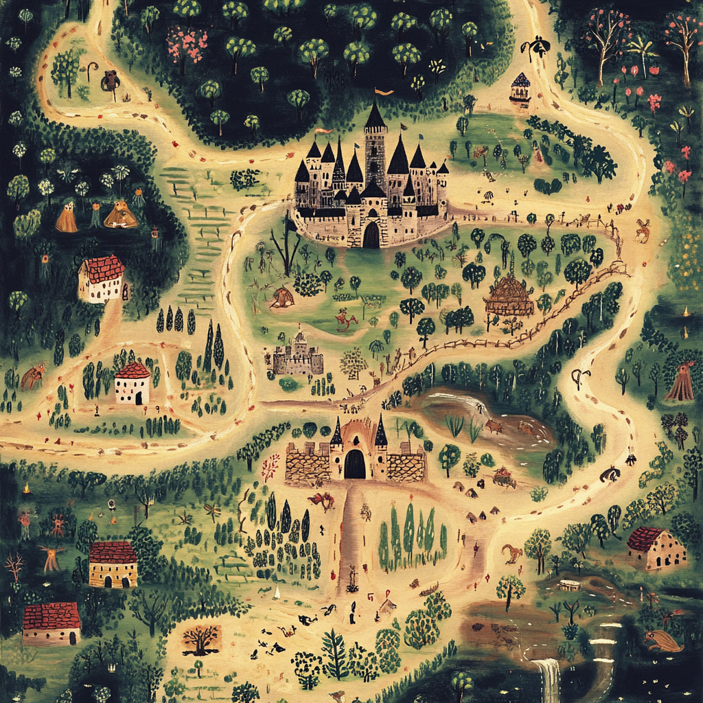 A 12-year-old's magical map with castle and creatures.