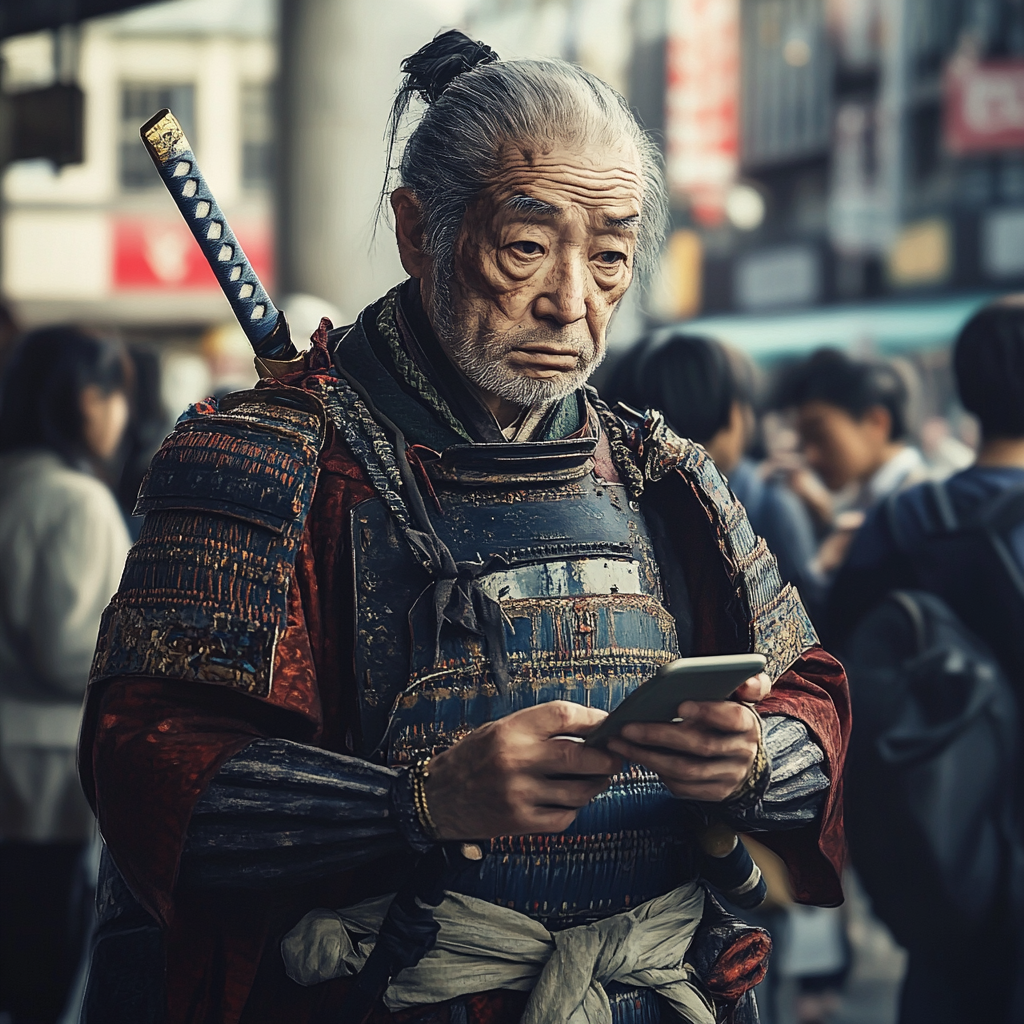 A 120-year-old samurai in disbelief at modern technology.