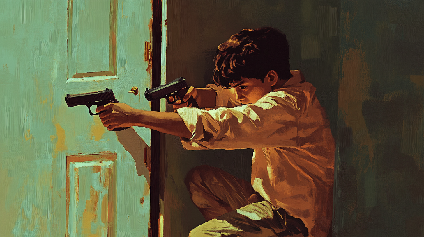 A 13-Year-Old South Indian Boy Aiming Gun