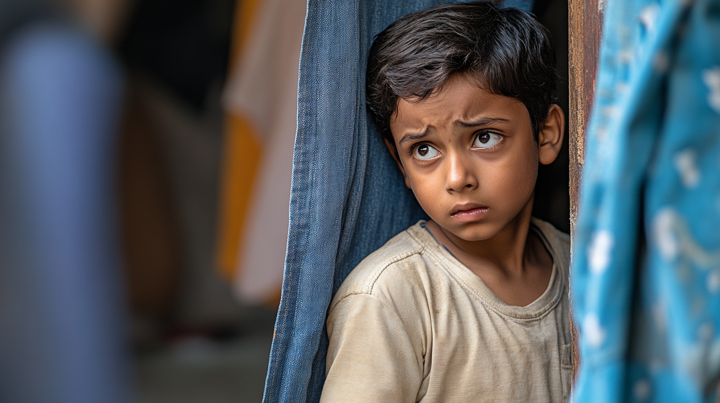 A 13-year-old South Indian boy hides behind someone.