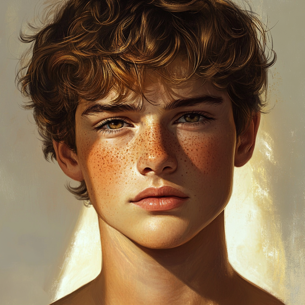 A 14-year-old boy with freckles and curly hair