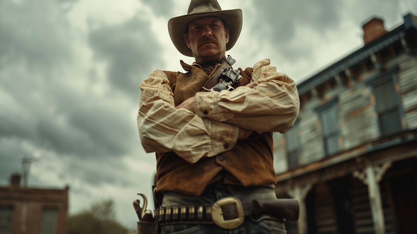 A 1880s Cowboy in Western Town Under Rain