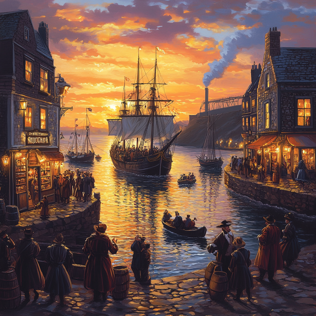 A 18th Century Cornish Harbor Scene at Sunset