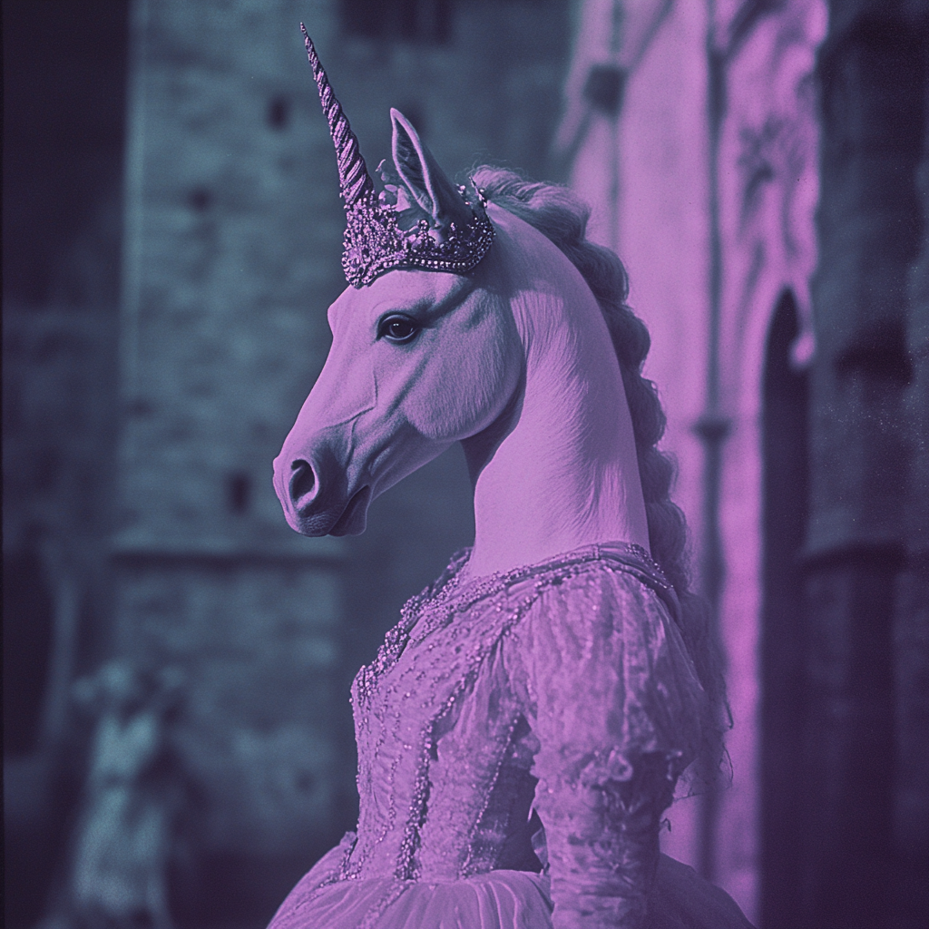 A 1950's Horse-headed Humanoid Outside Fantasy Castle