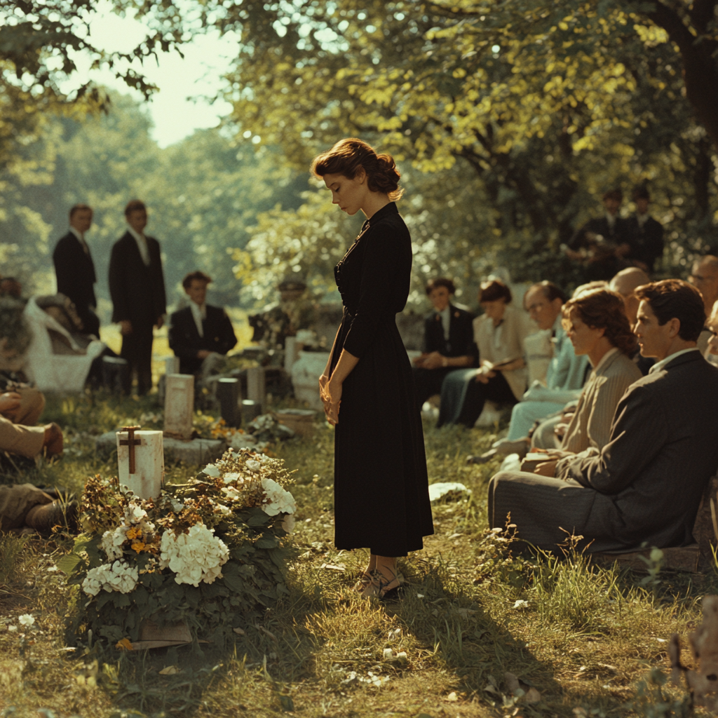 A 1970's Mafia funeral with woman in black